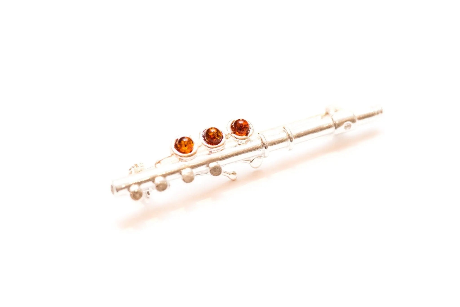 Exquisite Amber & Silver Flute Brooch - Perfect for Music Lovers