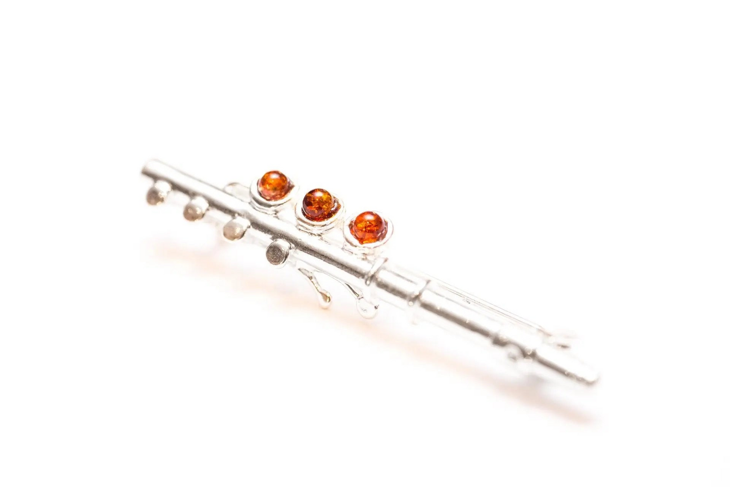 Exquisite Amber & Silver Flute Brooch - Perfect for Music Lovers
