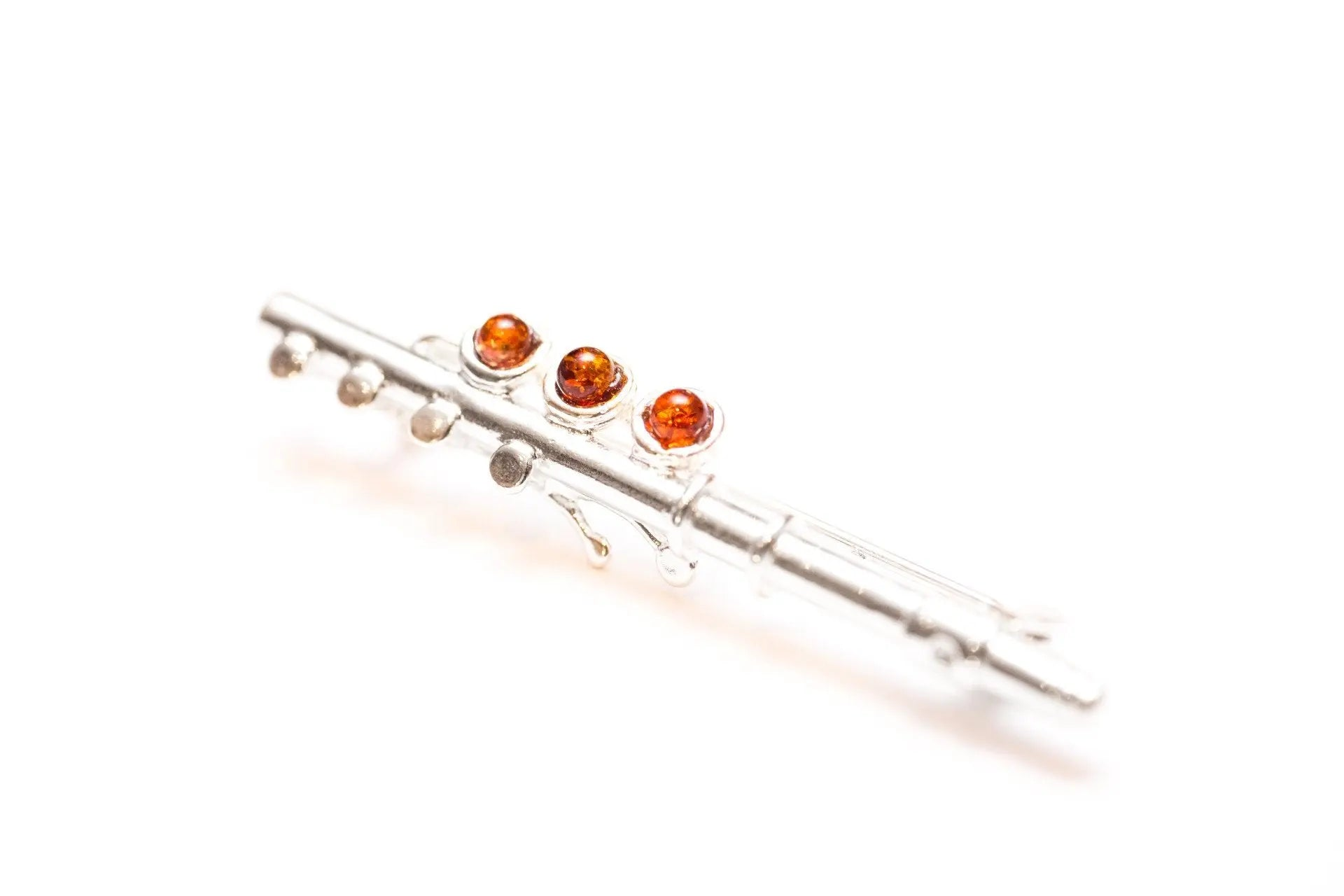 Exquisite Amber & Silver Flute Brooch - Perfect for Music Lovers