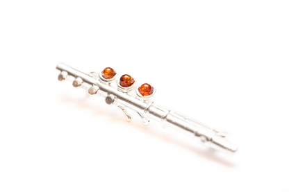 Exquisite Amber & Silver Flute Brooch - Perfect for Music Lovers