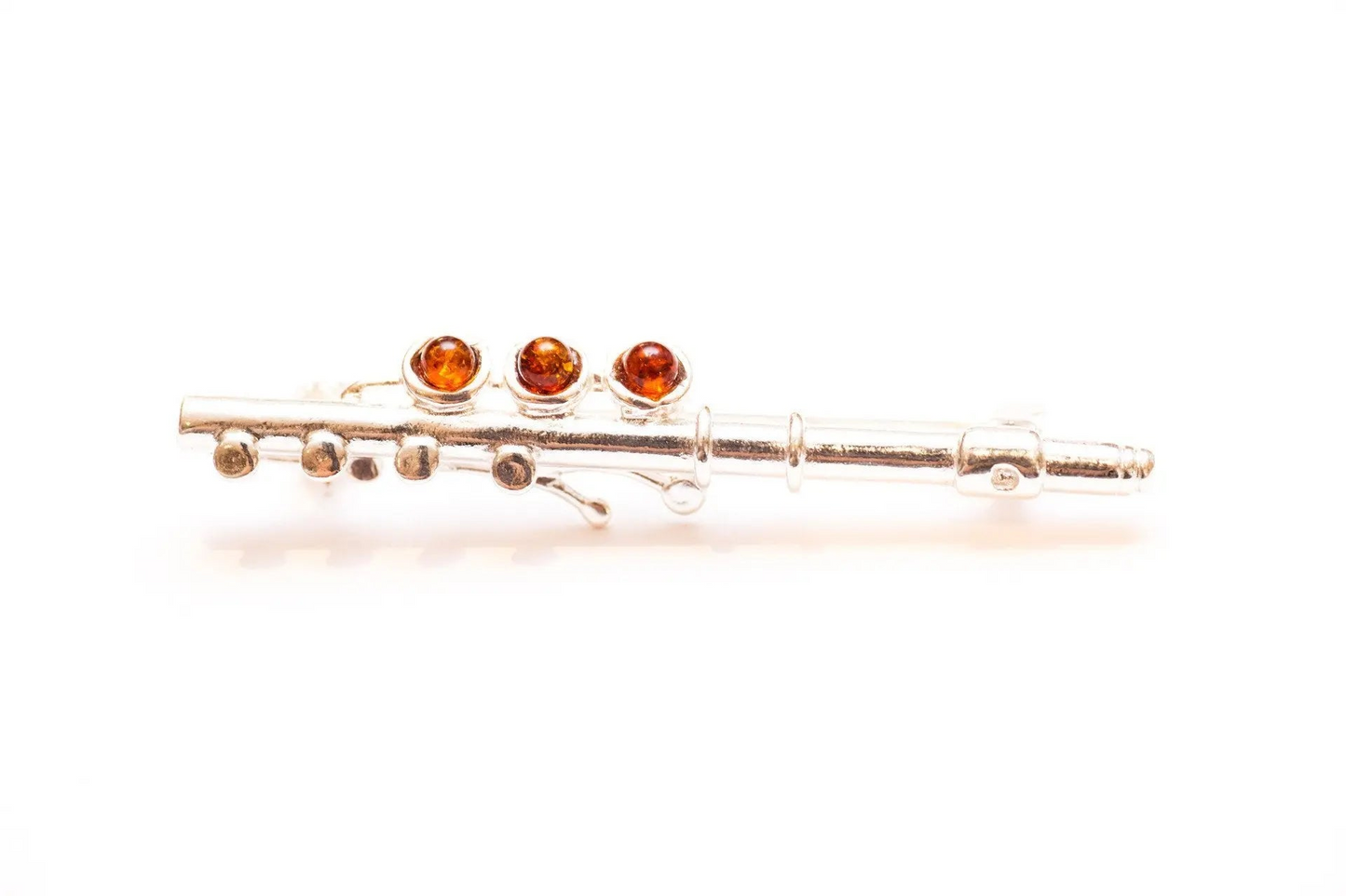 Exquisite Amber & Silver Flute Brooch - Perfect for Music Lovers