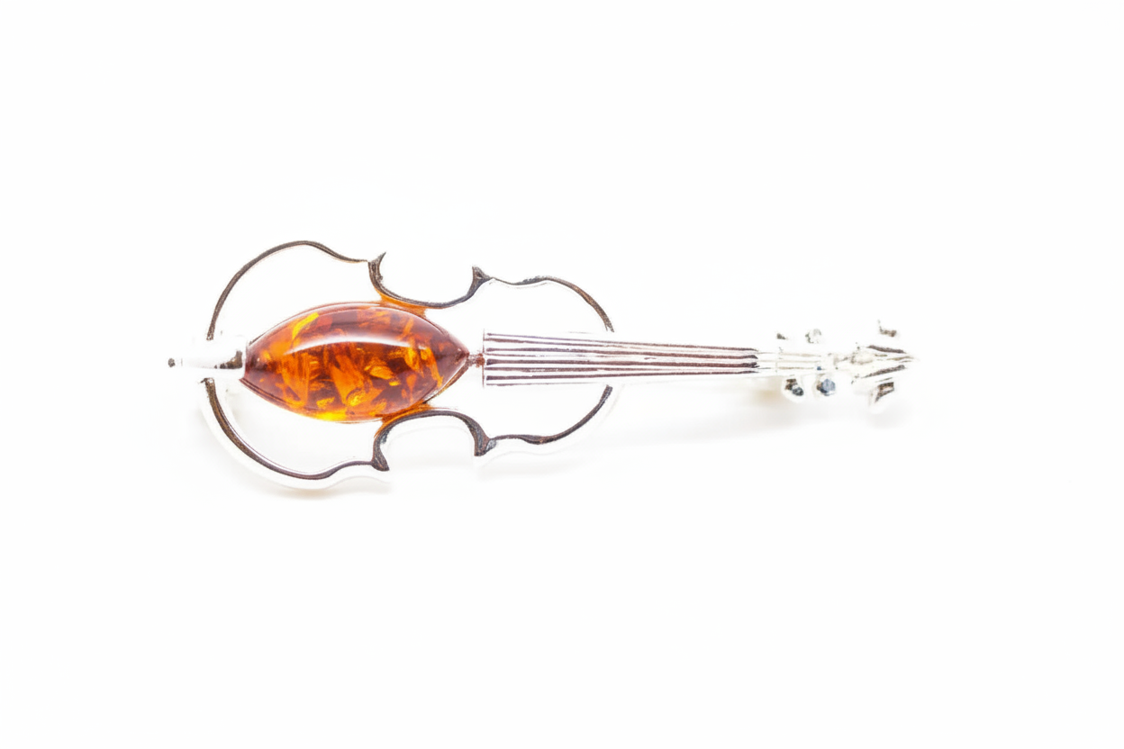 Classic Amber Violin Brooch - Handmade Sterling Silver with Baltic Amber Stone