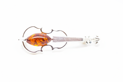 Classic Amber Violin Brooch - Handmade Sterling Silver with Baltic Amber Stone