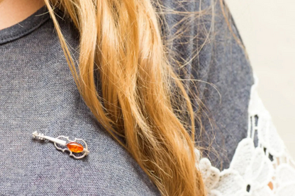Classic Amber Violin Brooch - Handmade Sterling Silver with Baltic Amber Stone