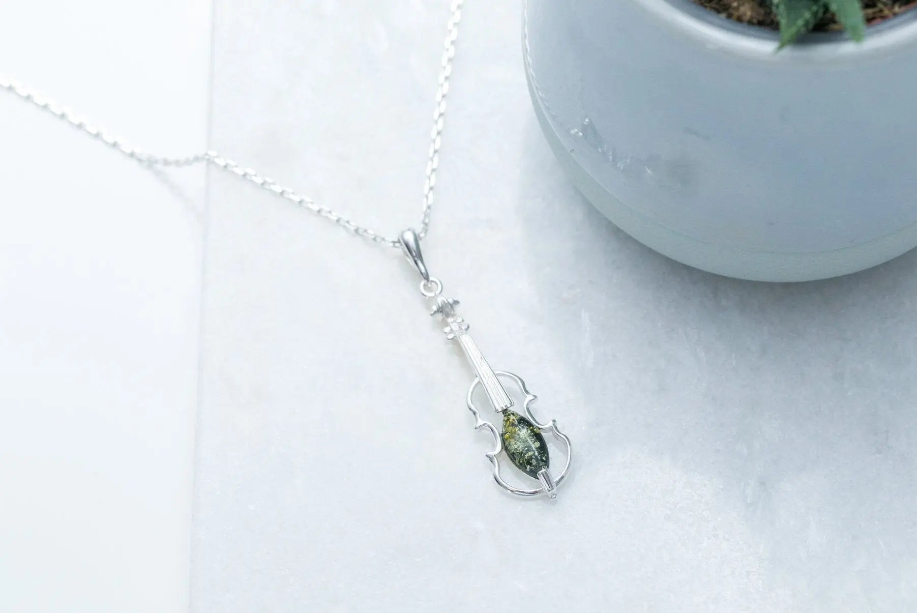 Green Amber Violin Earrings