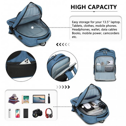 Kono Multi-Compartment Backpack with USB Port - Water-Repellent, Anti-Theft, Blue