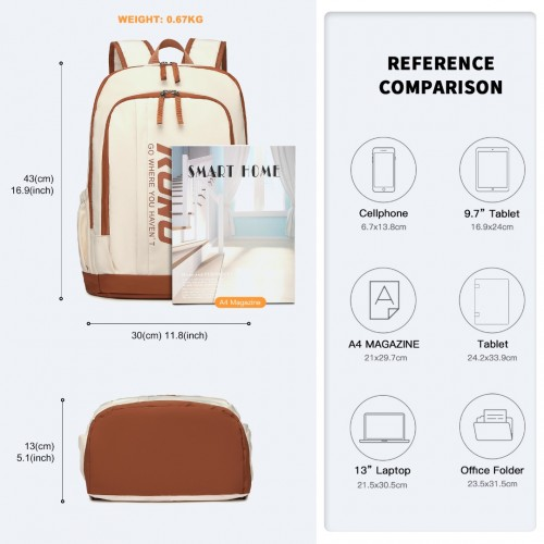 Kono Contrasting Colors Waterproof Casual Backpack with Laptop Compartment - Beige