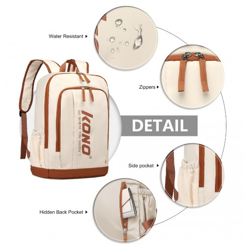 Kono Contrasting Colors Waterproof Casual Backpack with Laptop Compartment - Beige
