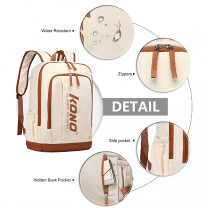 Kono Contrasting Colors Waterproof Casual Backpack with Laptop Compartment - Beige