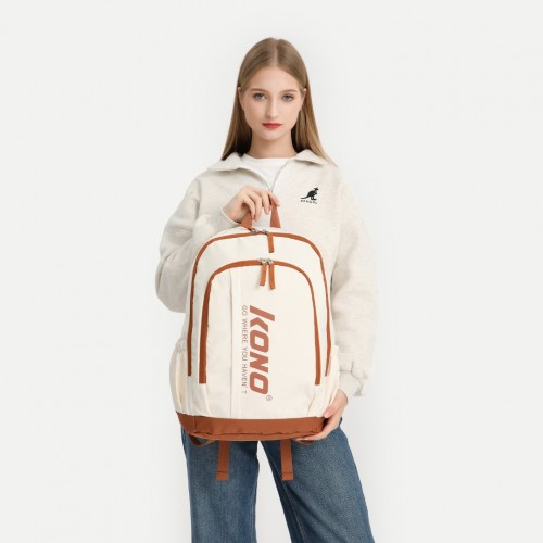 Kono Contrasting Colors Waterproof Casual Backpack with Laptop Compartment - Beige