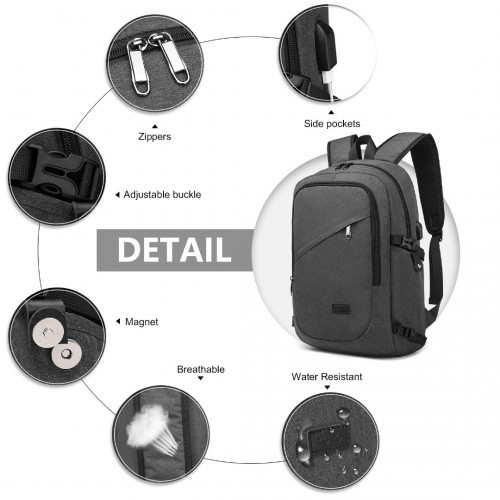 Kono Business Laptop Backpack with USB Charging Port - Dark Grey | Fits 15.6 inch Laptops