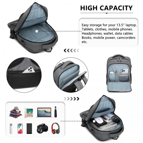 Kono Multi-Compartment Backpack with USB Port - Grey | EM2111S