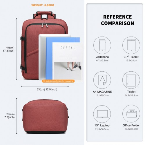 Kono Lightweight Cabin Bag Travel Business Backpack - Burgundy | EM2231M