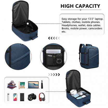 Kono Lightweight Cabin Bag - Travel Business Backpack in Navy | Fits 15.6" Laptop