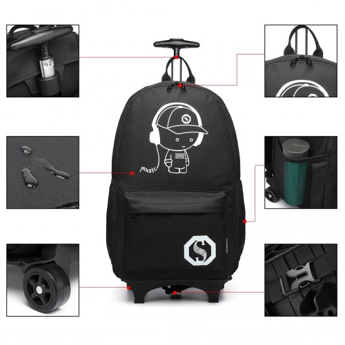 Kono Multi-functional Glow-in-the-Dark Trolley Backpack - Black | Versatile Travel & Commuting Companion