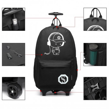 Kono Multi-functional Glow-in-the-Dark Trolley Backpack - Black | Versatile Travel & Commuting Companion