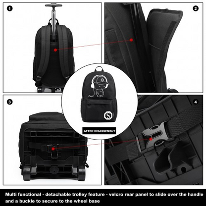 Kono Multi-functional Glow-in-the-Dark Trolley Backpack - Black | Versatile Travel & Commuting Companion