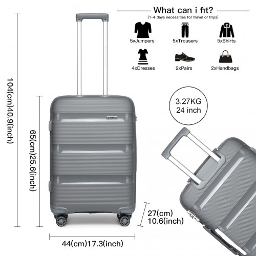 Kono 24 Inch Bright Hard Shell PP Suitcase - Classic Collection - Grey