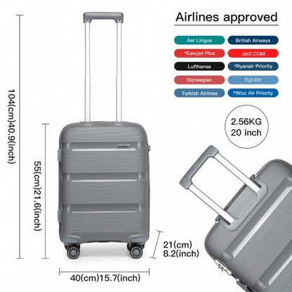 Kono 20 Inch Hard Shell Carry-On Suitcase - Durable Cabin-Size Luggage - Grey
