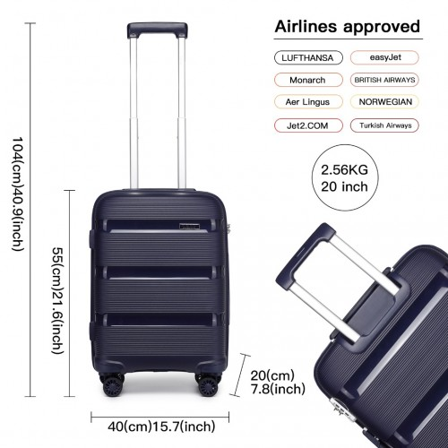 Kono 20 Inch Bright Hard Shell PP Carry-On Suitcase in Cabin Size - Navy