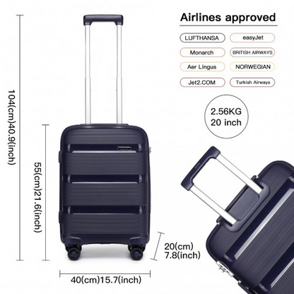 Kono 20 Inch Bright Hard Shell PP Carry-On Suitcase in Cabin Size - Navy