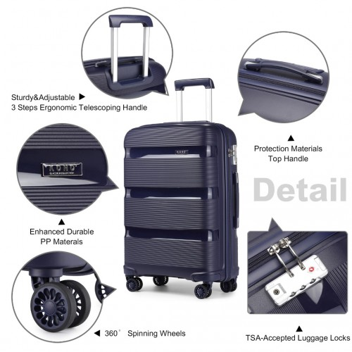 Kono 20 Inch Bright Hard Shell PP Carry-On Suitcase in Cabin Size - Navy