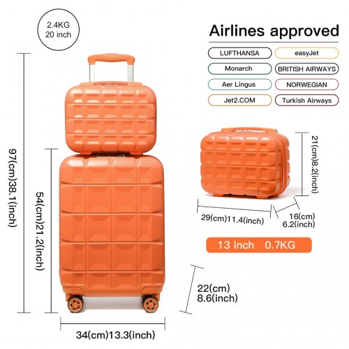 Kono 13/20 Inch Lightweight Hard Shell ABS Cabin Suitcase with TSA Lock & Vanity Case - Orange