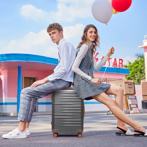 British Traveller 24-Inch Durable Polycarbonate & ABS Hard Shell Suitcase with TSA Lock - Grey & Brown