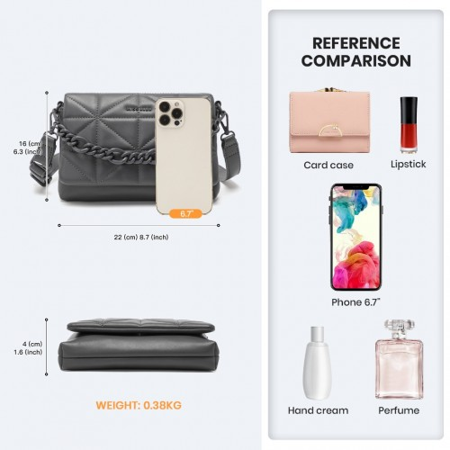 Miss Lulu Chic Quilted Shoulder Bag With Chain Strap - Grey | Elegant & Stylish Handbag