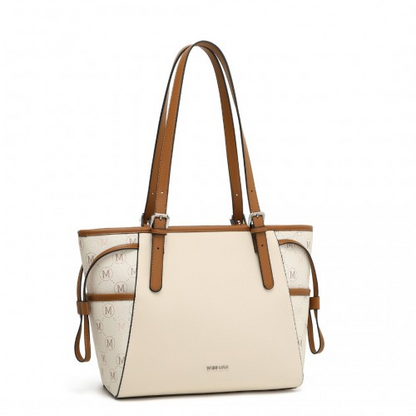 Miss Lulu Elegant Tote Bag in Beige and Brown with Monogram Pattern – Stylish & Functional Handbag