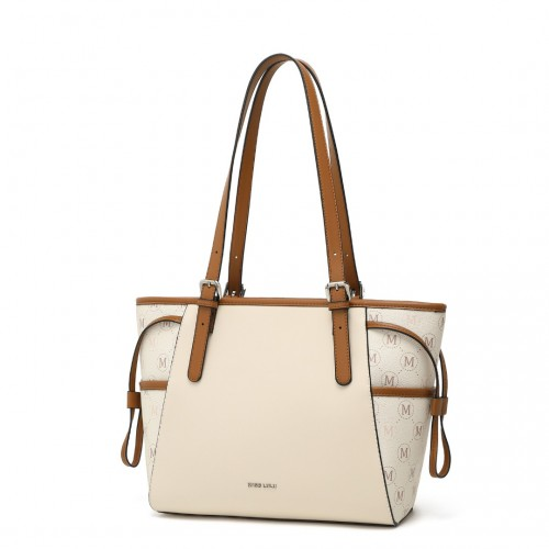 Miss Lulu Elegant Tote Bag in Beige and Brown with Monogram Pattern – Stylish & Functional Handbag