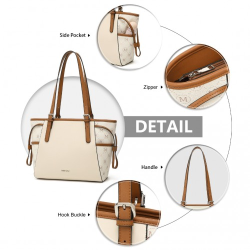 Miss Lulu Elegant Tote Bag in Beige and Brown with Monogram Pattern – Stylish & Functional Handbag