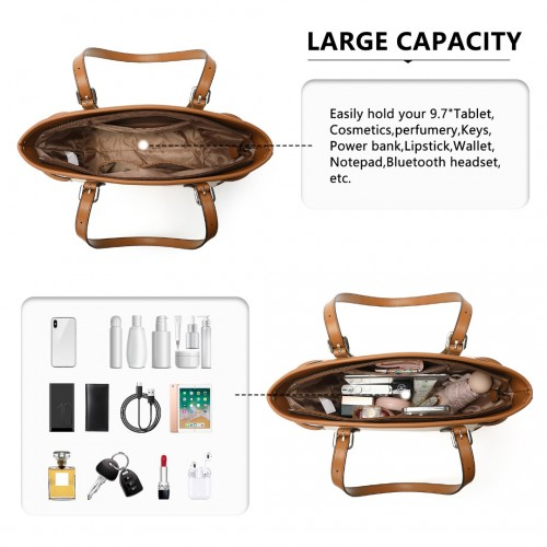 Miss Lulu Elegant Tote Bag in Beige and Brown with Monogram Pattern – Stylish & Functional Handbag