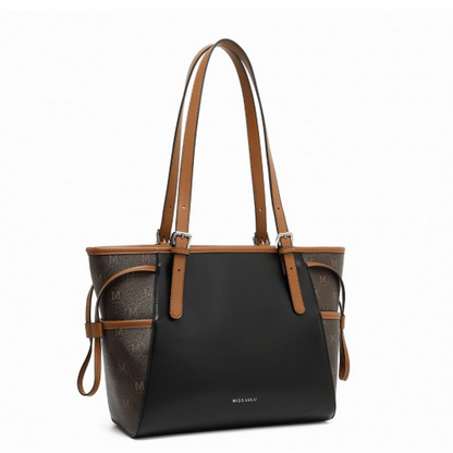 Miss Lulu Elegant Tote Bag with Monogram Pattern - Stylish Black and Brown Handbag for Women
