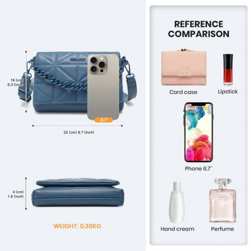 Miss Lulu Chic Quilted Shoulder Bag With Chain Strap - Blue | Elegant & Stylish Women's Handbag