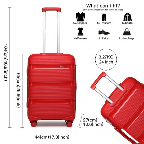 Kono 24 Inch Bright Red Hard Shell PP Suitcase - Classic Collection - Lightweight & Durable Travel Luggage
