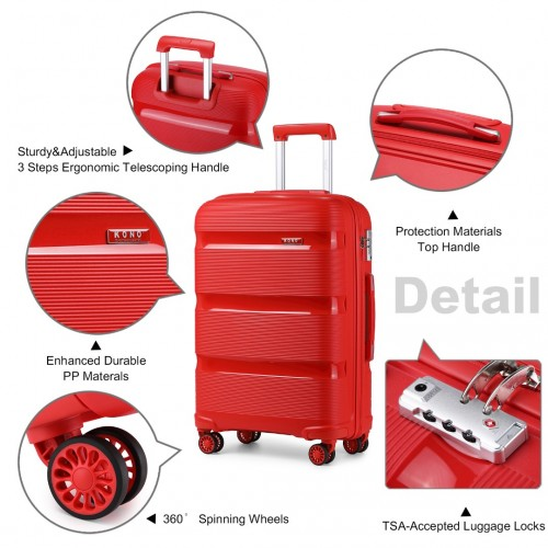 Kono 24 Inch Bright Red Hard Shell PP Suitcase - Classic Collection - Lightweight & Durable Travel Luggage
