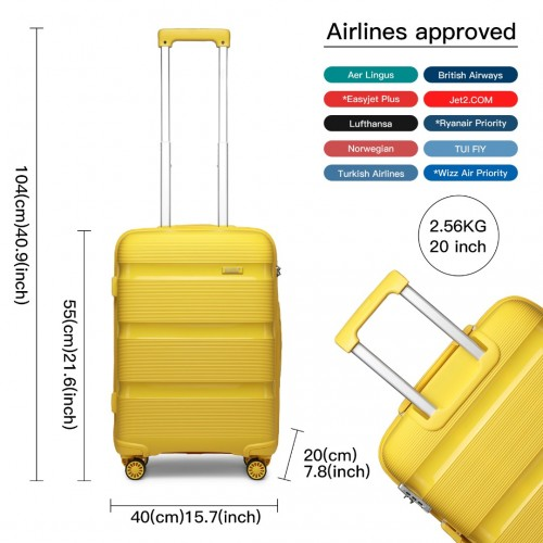 Kono 20 Inch Bright Yellow Hard Shell PP Carry-On Suitcase - Cabin Size