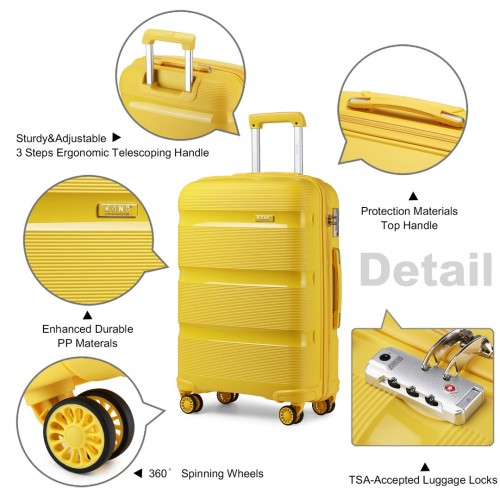 Kono 20 Inch Bright Yellow Hard Shell PP Carry-On Suitcase - Cabin Size