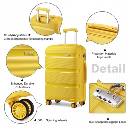 Kono 20 Inch Bright Yellow Hard Shell PP Carry-On Suitcase - Cabin Size