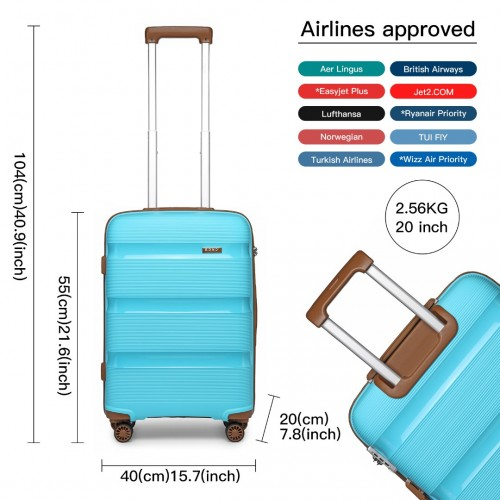 Kono 20 Inch Cabin Size Bright Hard Shell Carry-On Suitcase - Blue & Brown, Durable PP Material, Lightweight & TSA Lock