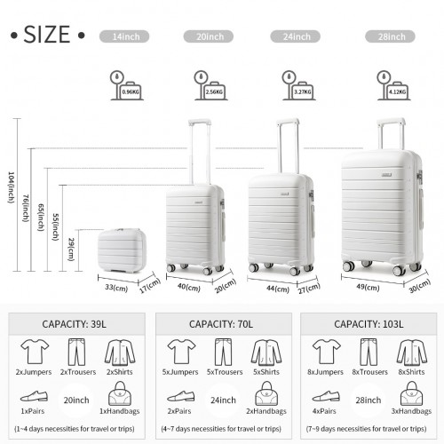 K2091L - Kono Multi Texture Hard Shell PP Suitcase With TSA Lock And Vanity Case 4 Pieces Set - Classic Collection - White