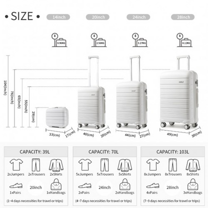 K2091L - Kono Multi Texture Hard Shell PP Suitcase With TSA Lock And Vanity Case 4 Pieces Set - Classic Collection - White