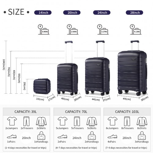K2091L - Kono Multi Texture Hard Shell PP Suitcase With TSA Lock And Vanity Case 4 Pieces Set - Classic Collection - Navy