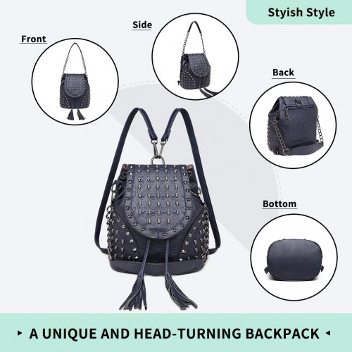 Miss Lulu Skull Studded Backpack Shoulder Bag - Navy | Stylish & Versatile