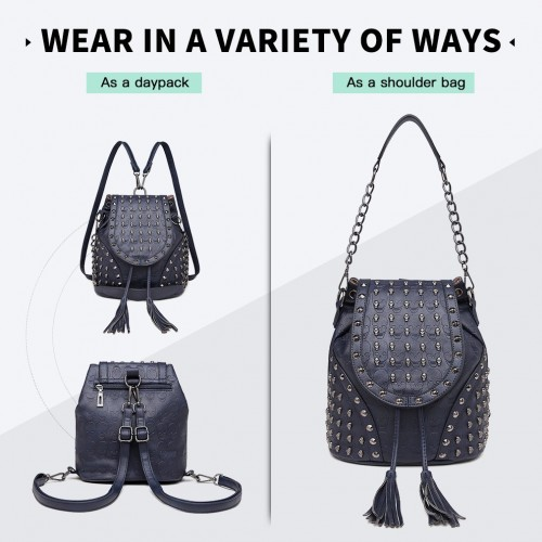 Miss Lulu Skull Studded Backpack Shoulder Bag - Navy | Stylish & Versatile