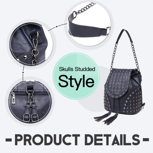 Miss Lulu Skull Studded Backpack Shoulder Bag - Navy | Stylish & Versatile