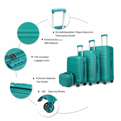 K1871-1L - Kono ABS Sculpted Horizontal Design 4 Pcs Suitcase Set With Vanity Case - Teal