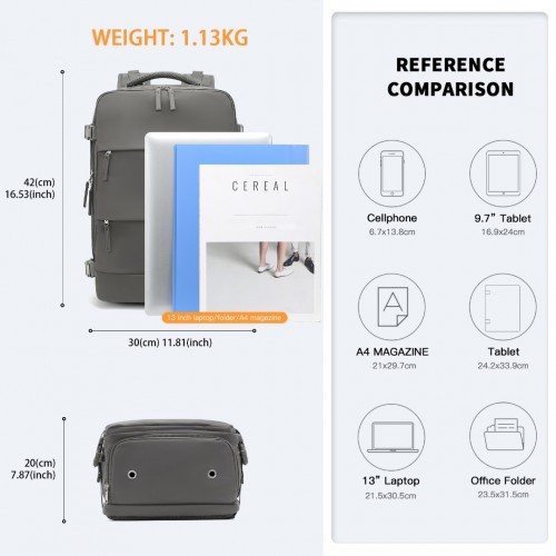 Kono Grey Multi-Functional Travel Backpack with USB Charging Port and Shoe Compartment