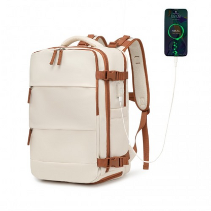 Kono Multi-Functional Breathable Travel Backpack with USB Charging Port and Separate Shoe Compartment - Beige and Brown